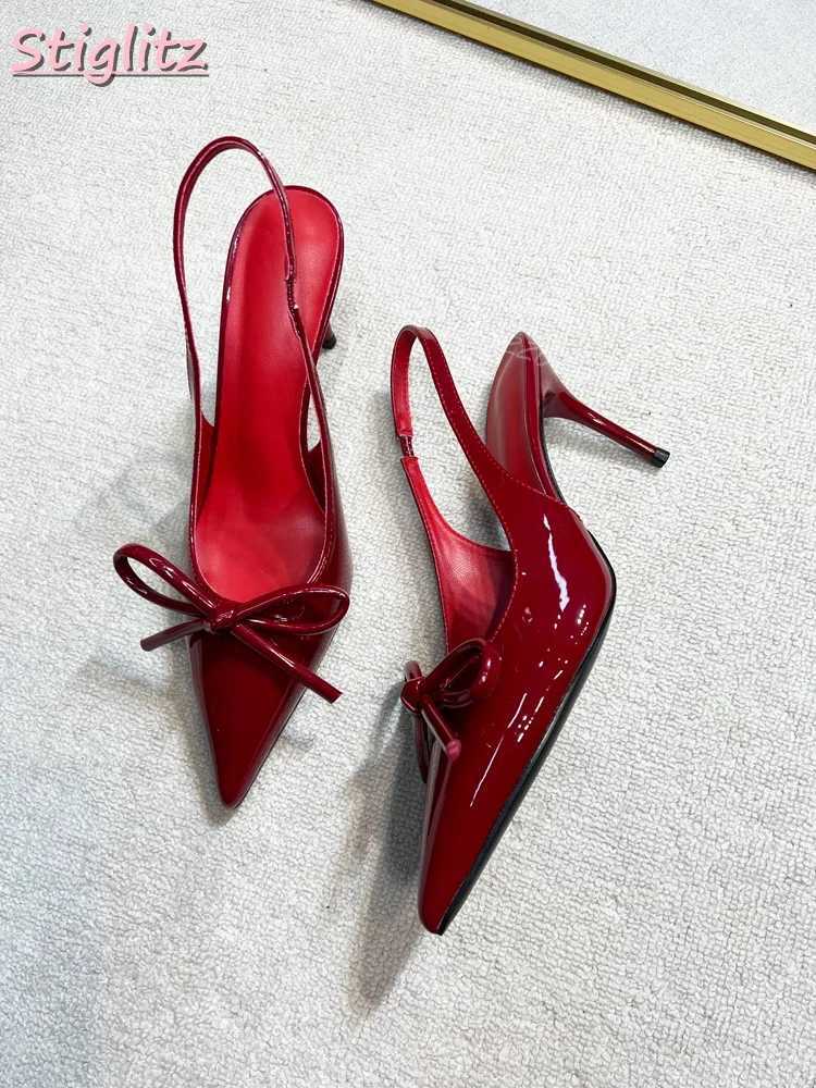 Sexy red dot toe pump knot shallow high H French slider - Me 2025 Wenfei dress shoes Y250319
