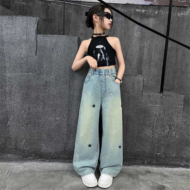 Girls pants for summer thin 5-12 years old 15 years old medium childrens casual loose style little girls denim wide leg pantsT250326