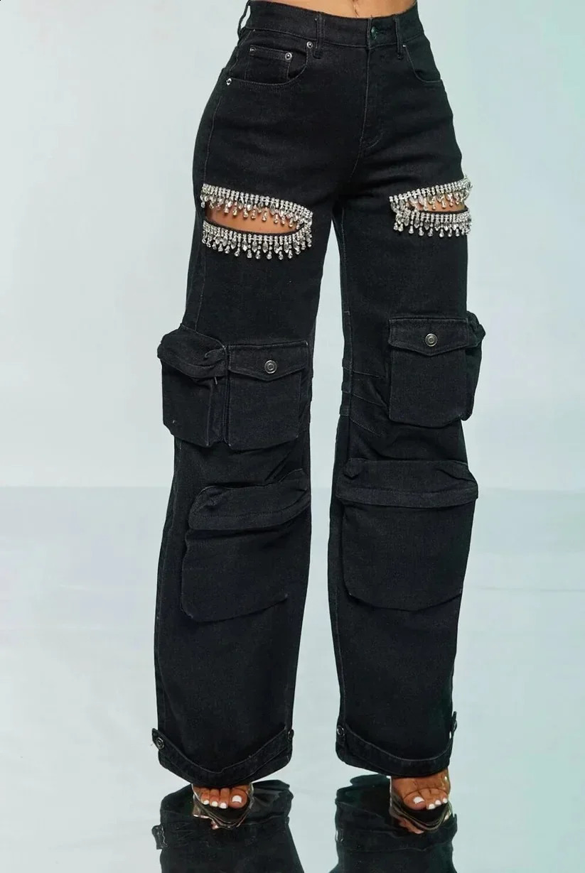 Womens Cutout Diamonds Crystal Hollow Out Straight Denim Pants Fall Multi Pocket High Waist Wide Leg Jeans Trousers 250314