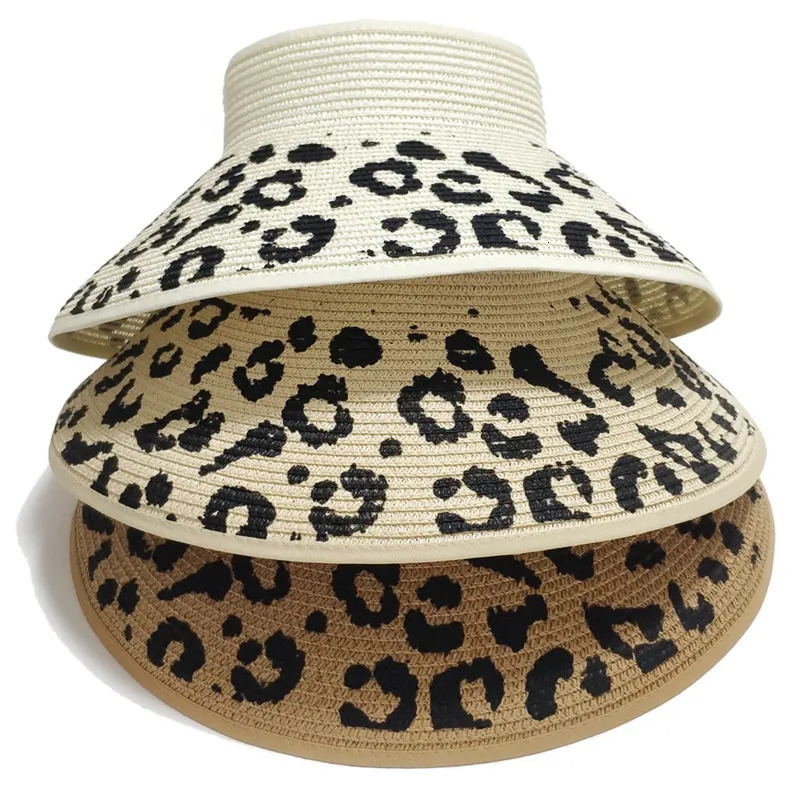 WZCX Leopard Collapsible Sun Protection Wide Brim Straw Hat Fashion Beach Hat Sun Visor Summer Women Cap 250320