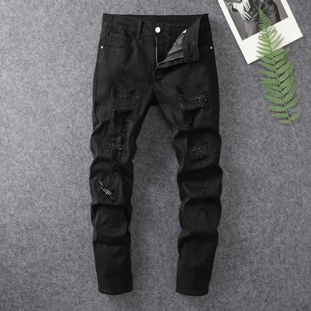 New mens casual torn denim jeans adhesive fabric hot stamping elastic small straight leg pants holes destroy AmericaT250319