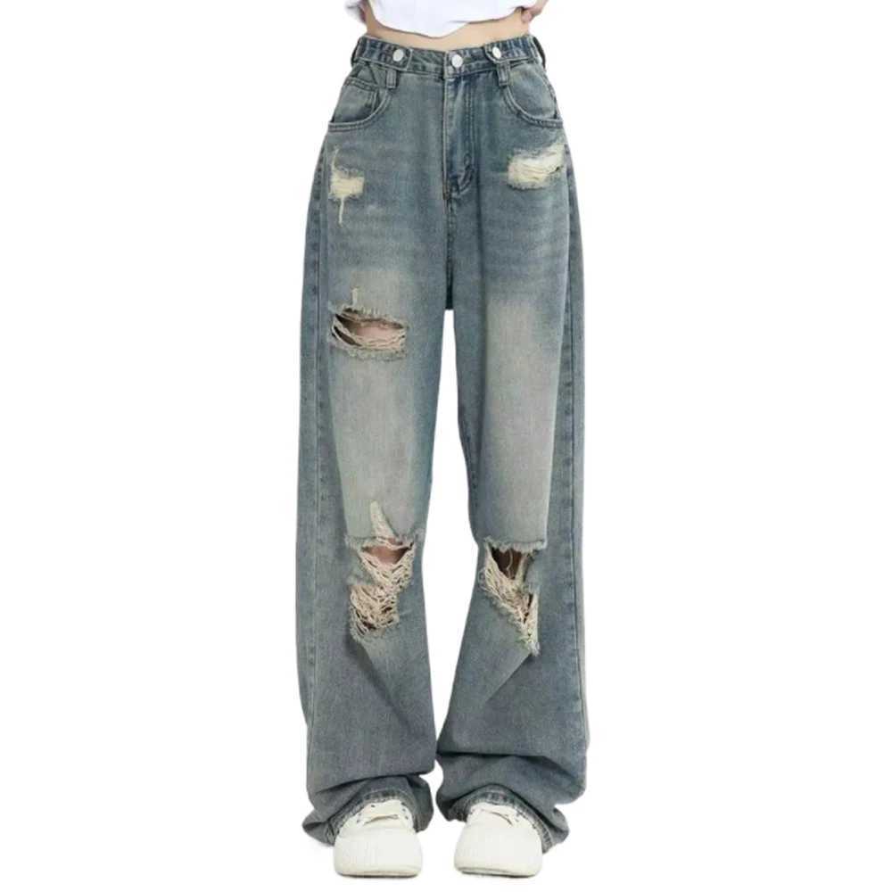 American retro perforated jeans womens high waisted straight crotch loose fit design high street Vibe wide leg drawstring pantsT250326