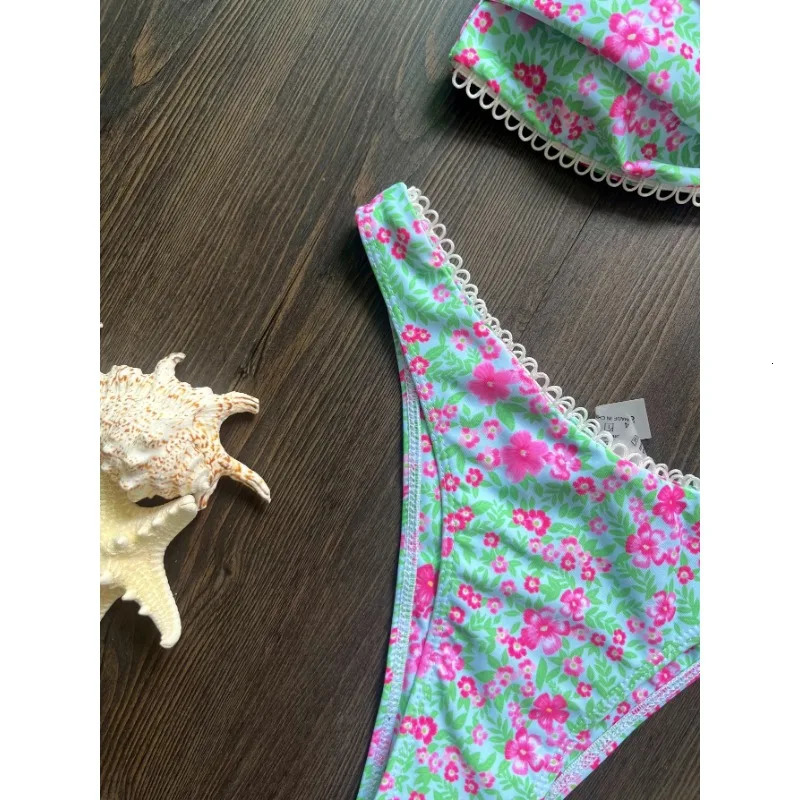 Floral Flowers Bandeau High Leg Cut Bikini Women Swimwear Female Swimsuit Two-pieces Bikini set Bather Bathing Suit Swim 250320