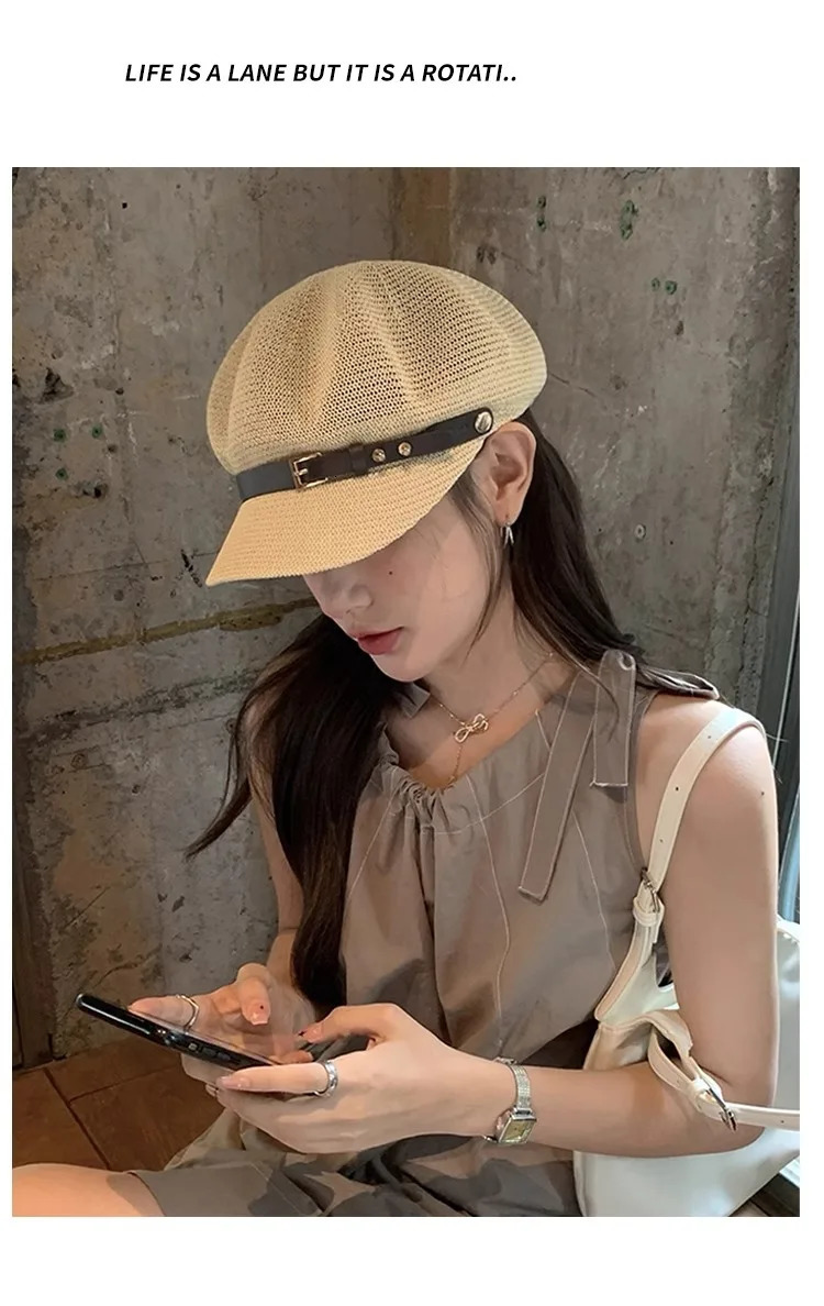 hollow octagonal hat for womens summer outings versatile sun protection straw hat British duck tongue beret 250320