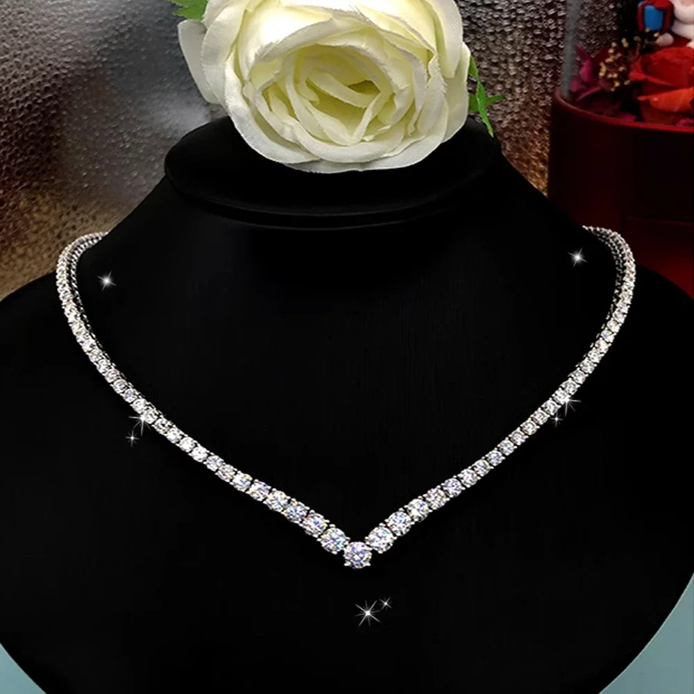 FEOBUR V-Style Moissanite Tennis Necklace for Women 5-3mm Gradient Diamond Choker Chain S925 Sterling Silver Wedding Jewelry GRA