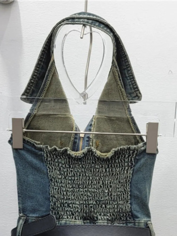 EWQ 3XL Street Fashion Zipper Pocket Vest Y2K High Waist Wide Leg Shorts Denim Sets Give Belt Women jumpsuit 2025 Summer 250319