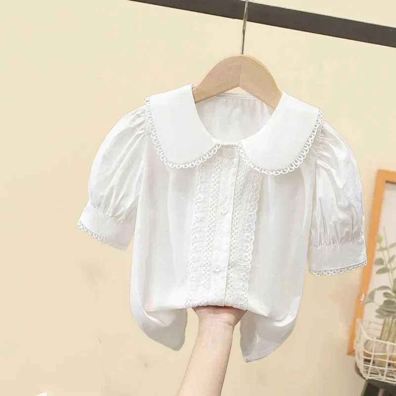 Baby girl clothing toddler shirt sweet collar short sleeved spring girl shirt solid color cotton top 2-12 years oldT250320