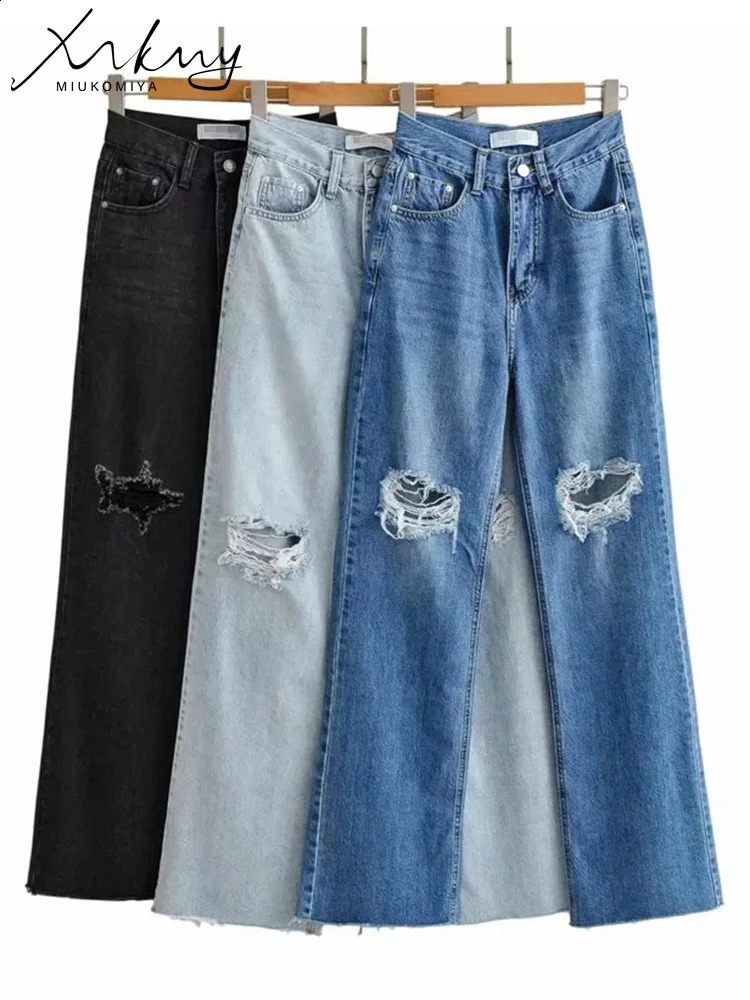 MiuKoMiYa Ripped Jeans For Women Streetwear Straight Denim Pants High Waist Long Denim Trousers Women Hollow Out Jeans 250314
