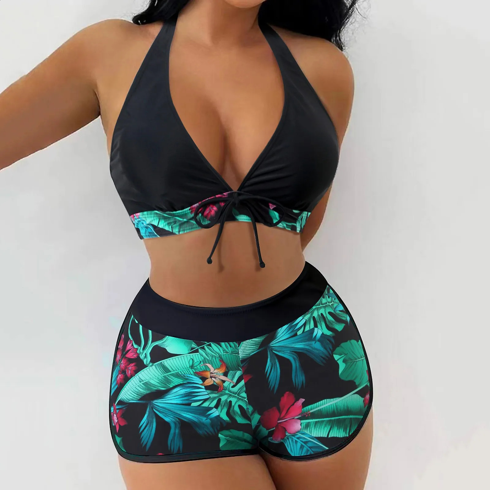 Teenage bikini set womens swimsuit tropical printed shorts two pieces 250319