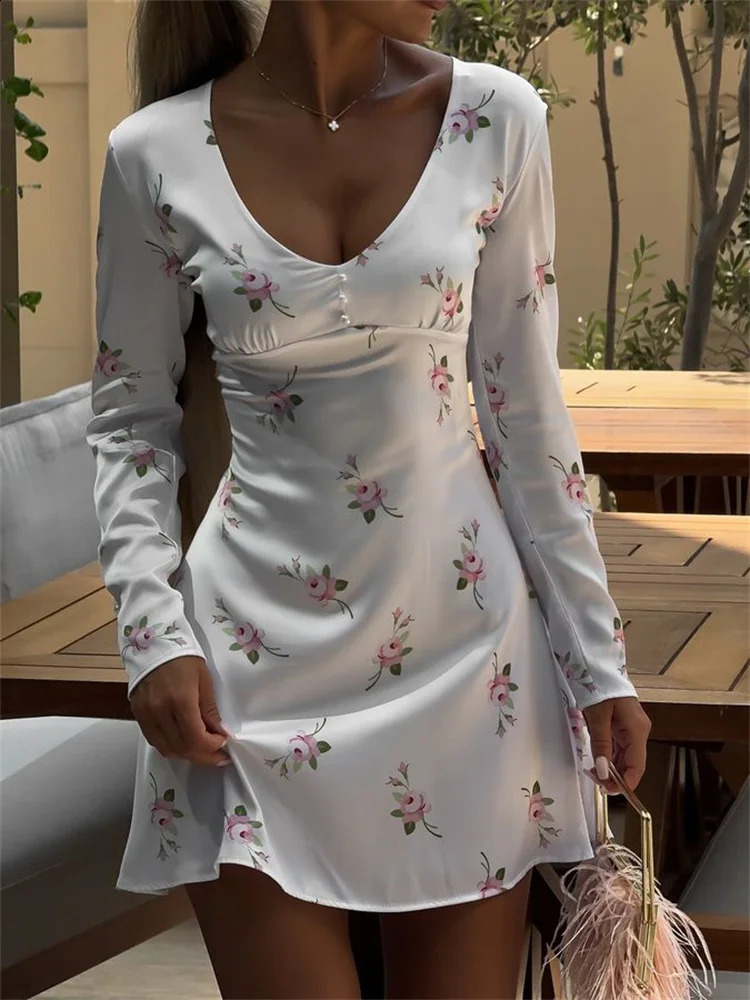 Fantoye sexy Vneck printed button long sleeved womens dress ultrathin fit zipper short streetwear 250319