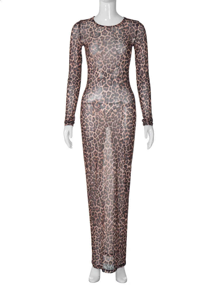 Hawthaw Women Summer Autumn Long Sleeve Leopard Mesh Party Club Streetwear Bodycon Long Dress Wholesale Items For Business 250319