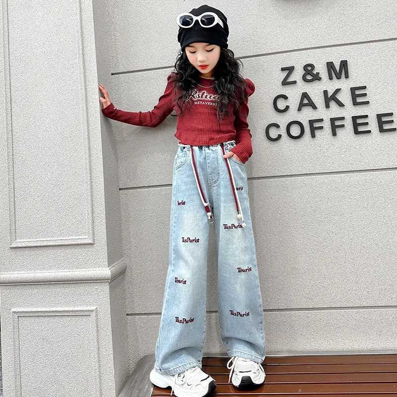 Loose Embroidered Letter Childrens Wide Leg Trouser Casual Elastic Waist Straight Leg Pants Teen Girls Jeans Childrens ClothingT250326