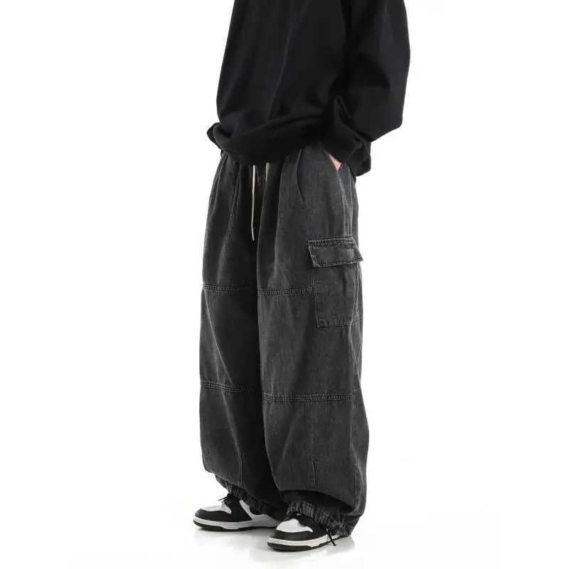 Y2k black bagged cargo jeans mens streetwear casual hippie jogging wide leg oversized mens jeansT250319