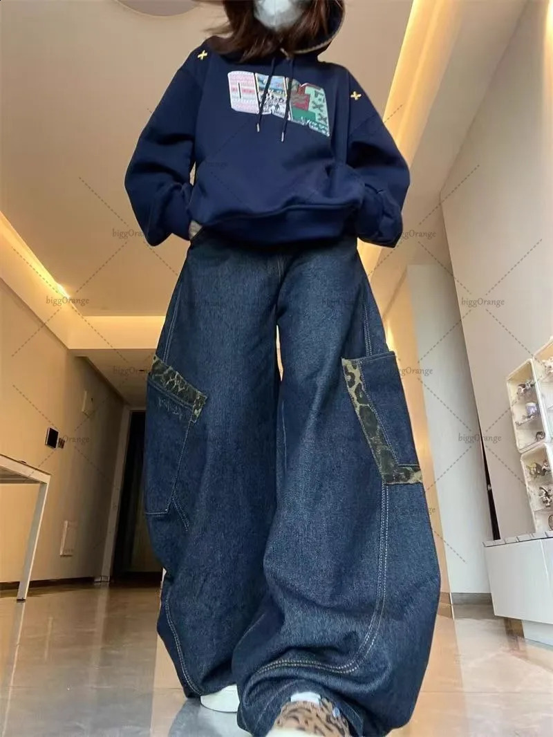American Y2k Harajuku Washing Jeans Leopard Print Dark Blue High Street Retro Clothing Loose Super Large Straight Wide-leg Pants 250319