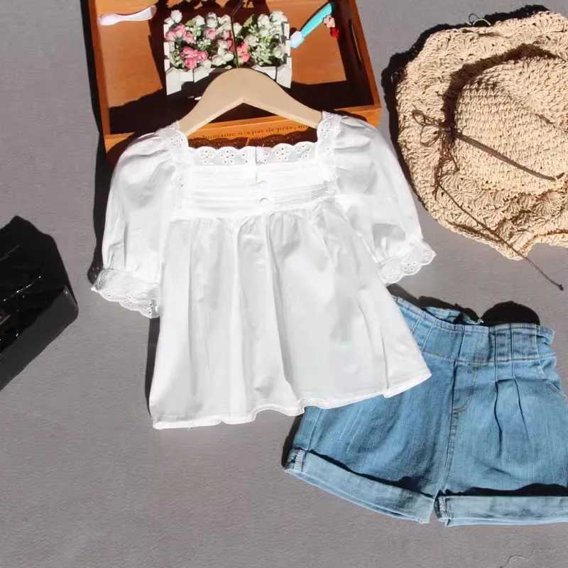 Summer white big girl cotton lace short sleeved top childrens square neckline solid color T-shirt 6 8 10 14 15 yearsT250320