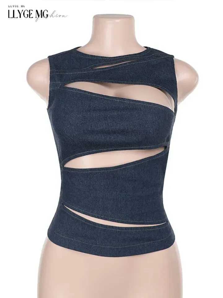 Denim crop top womens hollow slim fit O-neck sleeveless vest womens spring and summer fashion top womens street club party sexyXJ250319
