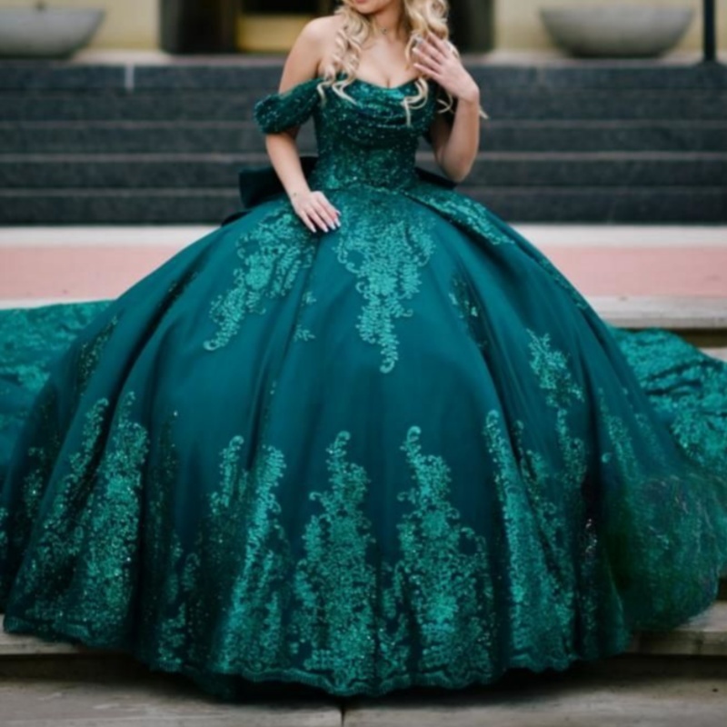 Blackish Green Quinceanera Dresses Ball Gown Sequin Lace Applique Beading Bow Corset Sweet 16 Dress Vestido De 15 Anos