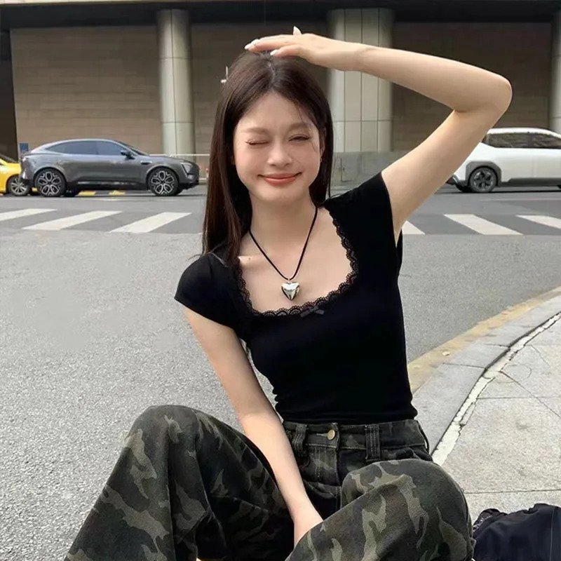 Y2k Lace Patchwork Crop T-shirt Women Vintage Streetwear Sexy Slim U Neck Tops Female Harajuku Korean Bow Chic Bottoming Tees 250320