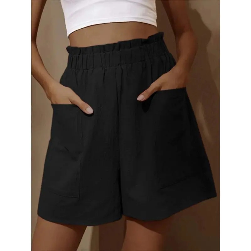 European and American womens cotton and linen flower bud high waist shorts fashionable large wide leg casual shorts 250320