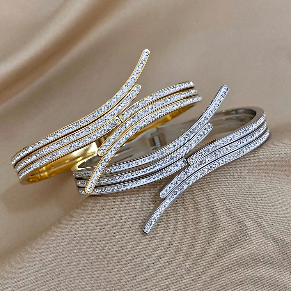 Greatera Rhinestone Charm Stainless Steel Bangles Cuff Bracelet for Women Geometric Irregular Gold Plated Party Jewelry 250320