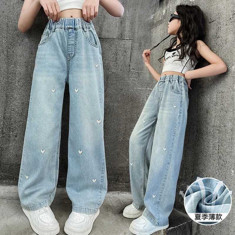 2024 Teen Girls Wide Leg Jeans Children Girls Heart Embroidered Denim Pants Childrens Jackets Pants Girls Clothing 4-12 YearsT250326