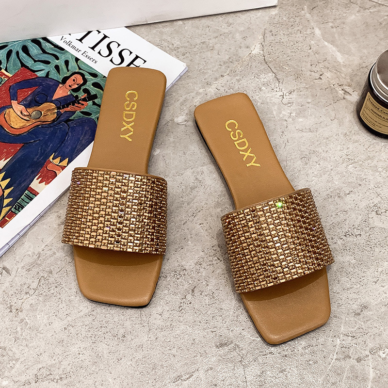 Designer Large Outdoor Slippers 2025 Women's New Fashionable Sandal Summer Fashion One Word Drag Single Item Rheinstone Comfortable Cool Slippers