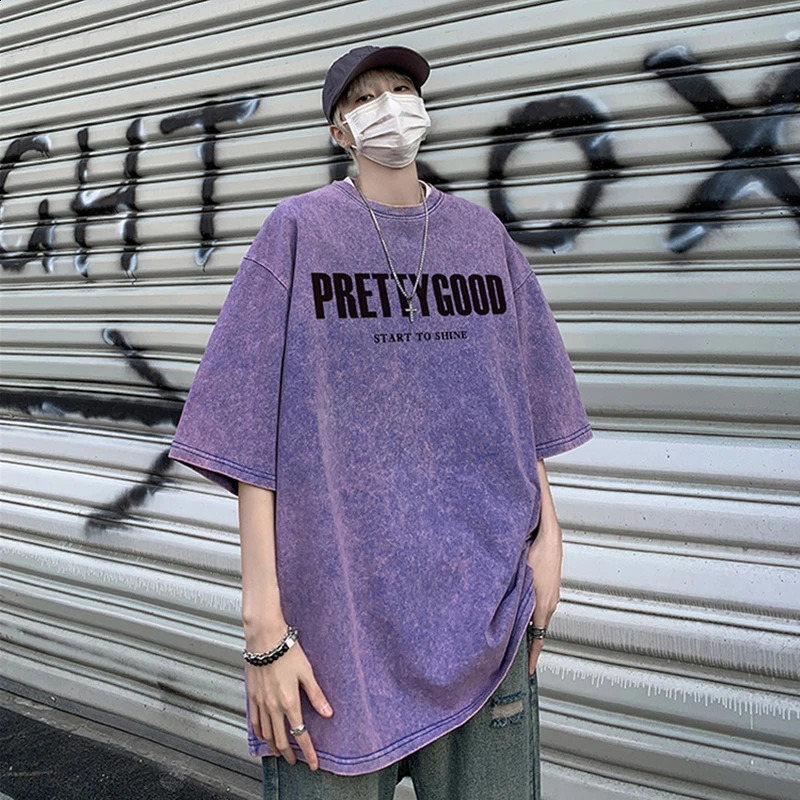 Summer pretty good letter print tshirt mens retro Distressed short sleeved ultrafine cotton Y2K streetwear 250319