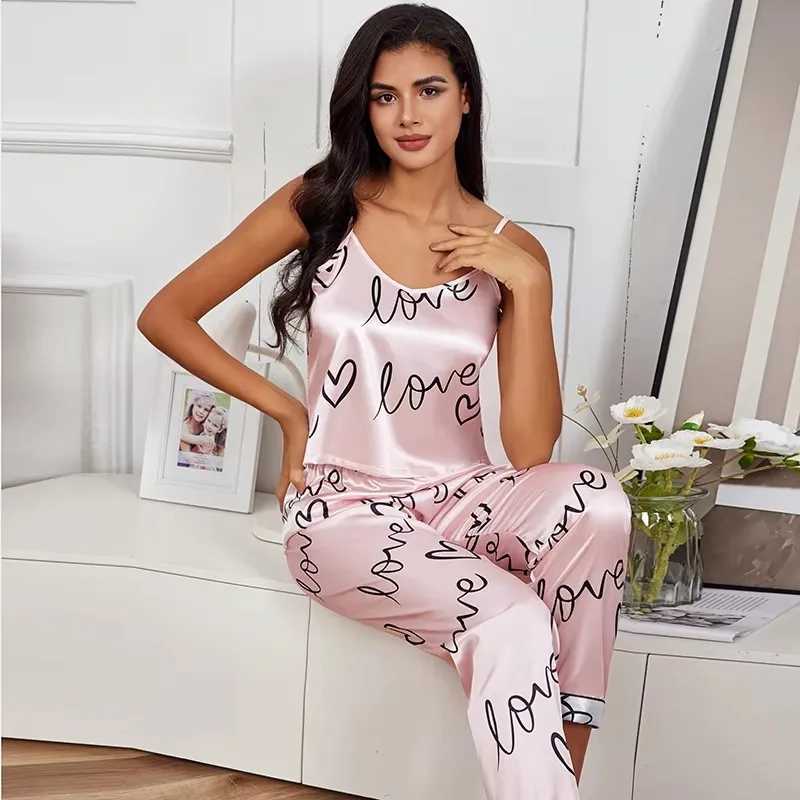 Summer Women Satin Silk Pajamas Sets Print Cami Vest Shirt With Trouser Sleepwear Ladie Sexy Pajama Lingerie Pyjamas NightwearC250319
