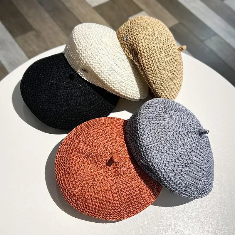 Women Fixed Pleated Paper Straw Beret Summer Milk Silk Knit Breathable Big Artist Fashion Painter Hat 250320