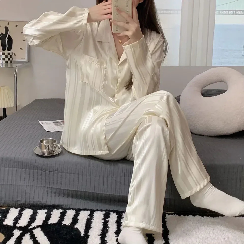 Women Pajamas Striped Pijama Sets Silk Satin Female Home Clothes Sleepwear Longsleeve Shirt Pants Homewear Shirt Pants Loungewea 250319