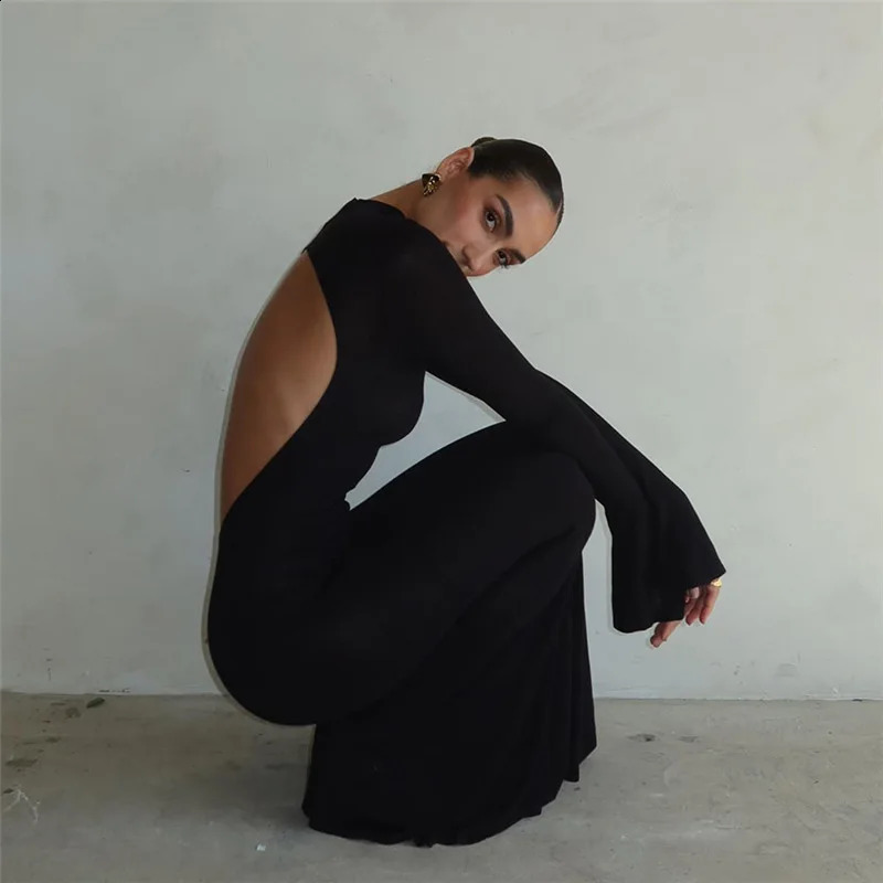 Autumn Winter Backless Sexy Party Club Black Bodycon Maxi Dresses Outfits for Women Long Sleeve Y2K Dress Vestido Streetwear 250319
