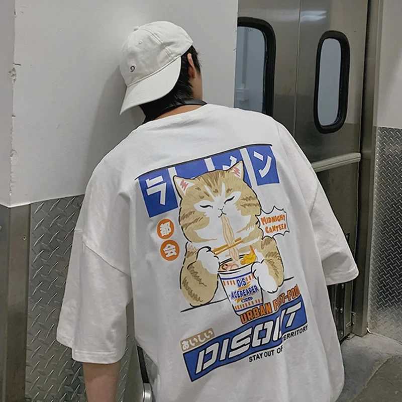 Harajuku cat cartoon noodle graphic mens T-shirt casual short sleeved T-shirt Japanese style oversized T-shirtT250319