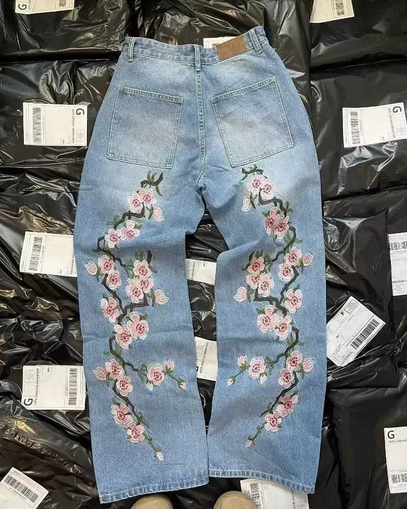 Hip Hop Y2K bagged jeans high-quality street jeans Gothic mens wide leg Harajuku retro cherry blossom jeansT250319