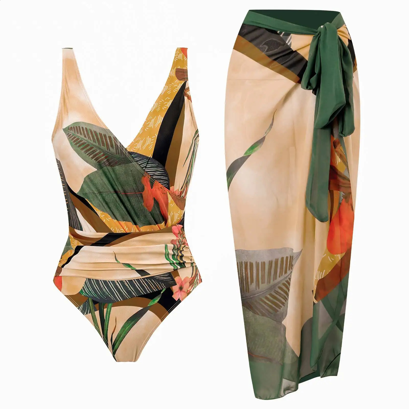 Floral Swimwear Women One Piece Swimsuit With Beach Skirt Printed Bathers Bathing Suit Beachwear Swimming Summer Bodysuit 250319