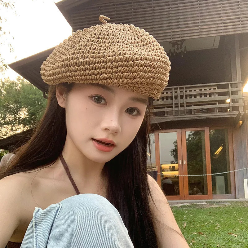 Summer Straw Berets for Women Ins Crochet Straw Hat Female Cool Cap Outdoor Spring Beach Hat Boina Gift 250320