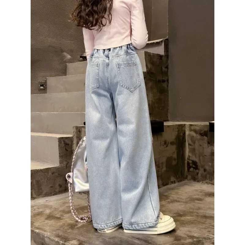 Pink Towel Embroidered Jeans 2024 Summer Girls Casual Cute Fashion Embroidered Alphabet Wide Leg PantsT250326