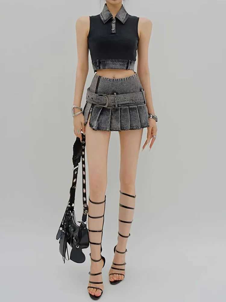DEAT Womens Cowboy Skirt High Waist Wide Band Washed Grey Spliced Zipper Wrinkled Mini Skirt Spring 2025 New 11A0129XJ250320
