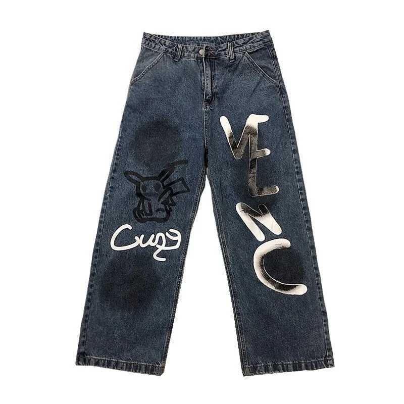 Painting hand drawing graffiti cartoon cartoon jeans mens high street oversized loose hip-hop Trouser street fashionT250319