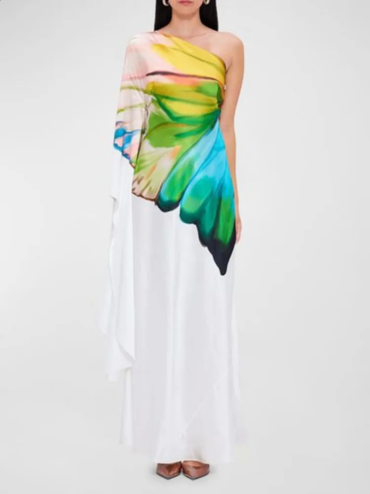 Onecozyday Womens Printed Elegant Evening Dress Single Shoulder Long Sleeve High Waist Folded Asymmetric 250317