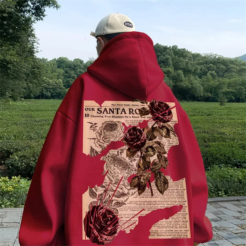 Autumn Goth Rose Graphic Print Mens Hoodie Hip Hop Fashion Y2K Street Clothing Casual Wool Loose Pull up Sweatshirt 250320Z