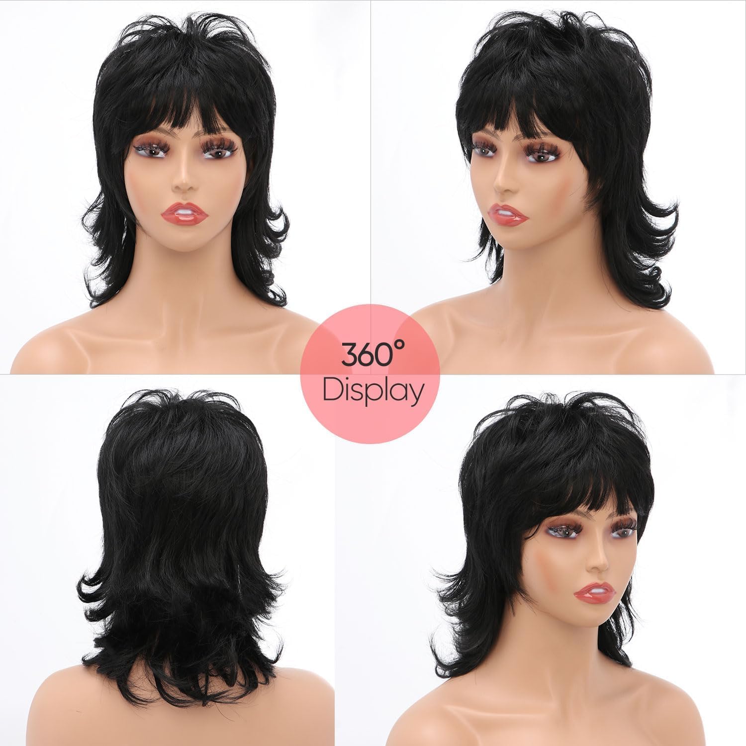 80s 90s Black Mullet Wigs Pixie Cut Wigs with Bangs for Women, Black Wolf short Synthetic Split Fringe for Women at Party and Cosplay