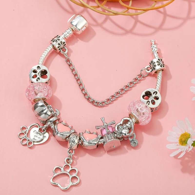 Lovely Styles Charm Bracelet With Pink Murano Glass Beads Bracelets Bangle For Women Men Kids Jewelry Gift Dropshipping