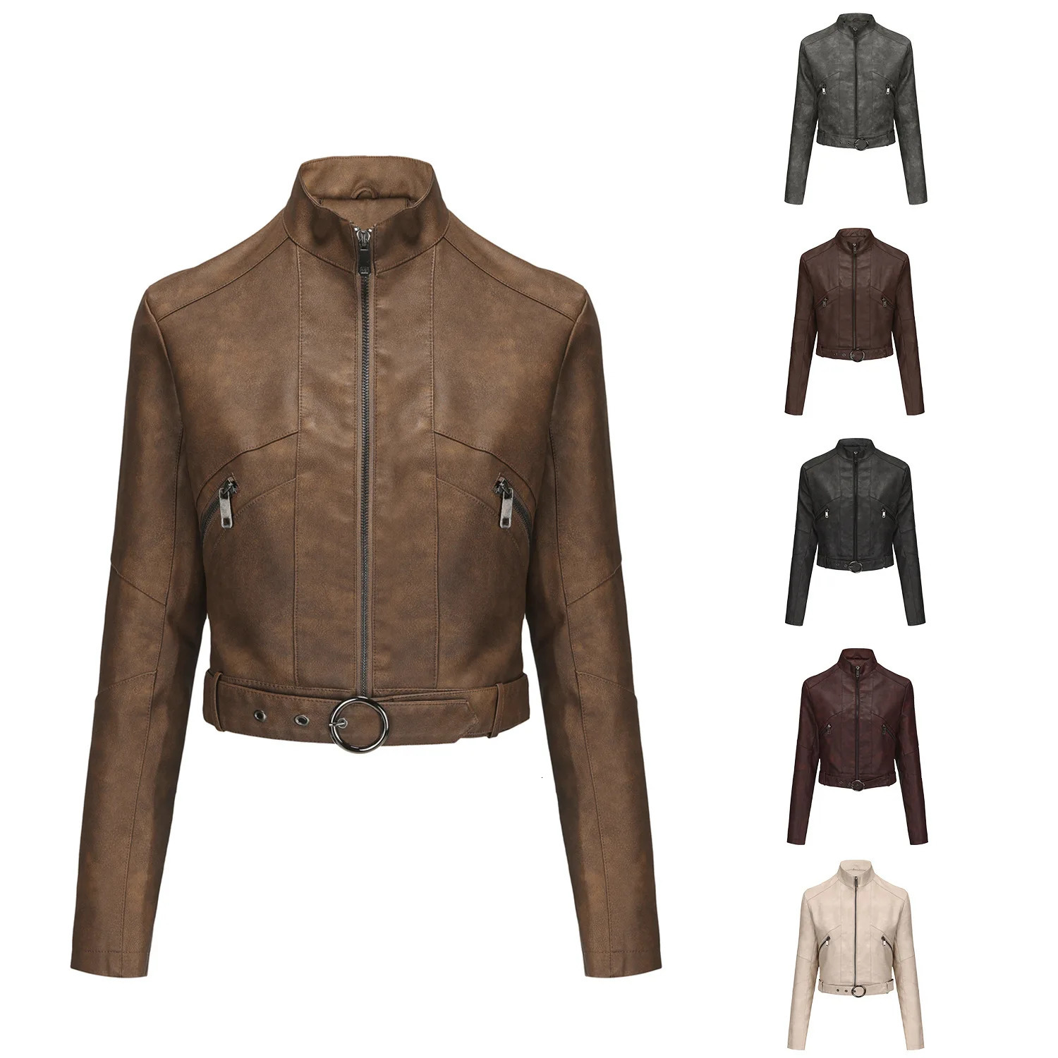 Spring and Autumn Womens Motorcycle Style Leather Jacket with Long Sleeve Zipper Coat Windproof 250314