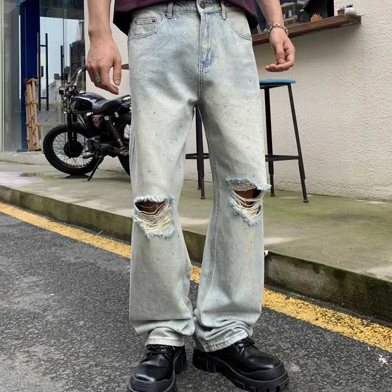 Smart Ripped On Knee Mens Baggy Jeans Vintage Blue Full Crystal Printed Denim Pants Straight Leg Trousers For MaleT250319