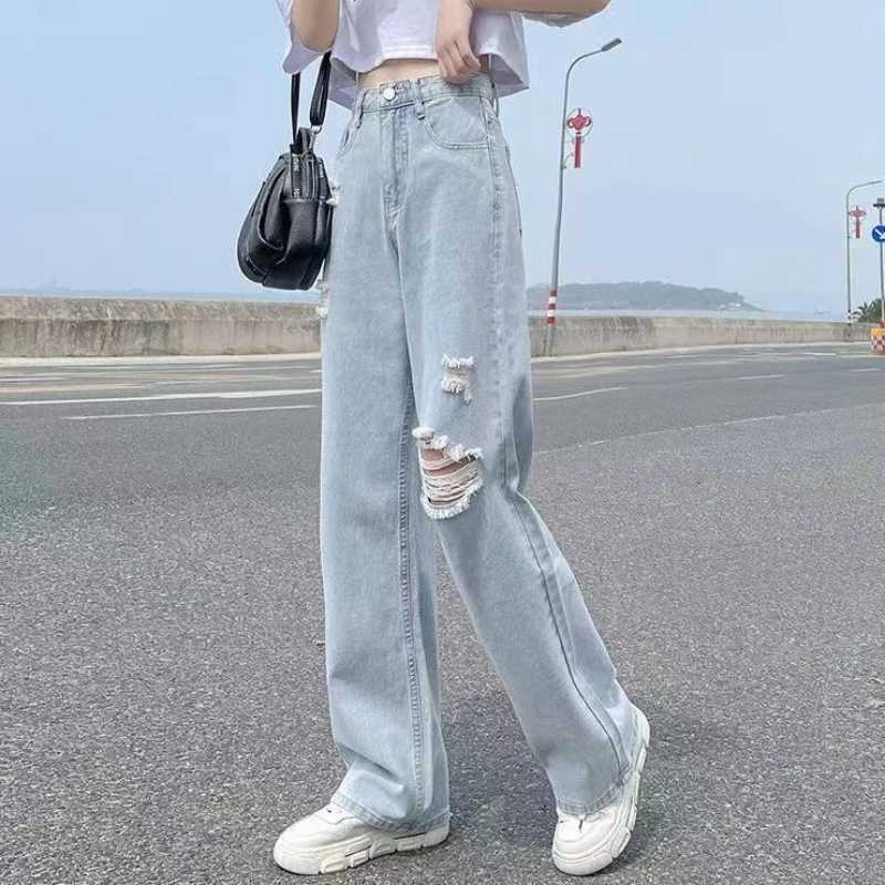 Perforated high waisted jeans for womens spring and summer thin straight tube loose 2022 new casual thin wide leg pantsT250326