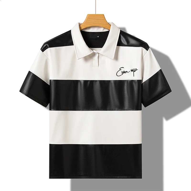 Stripe Pu Leather Drawstring Shorts Polo Shirt Sets Men Women High Quality Black Red Purple Casual Loose Holiday Beach Surf Suit 250318