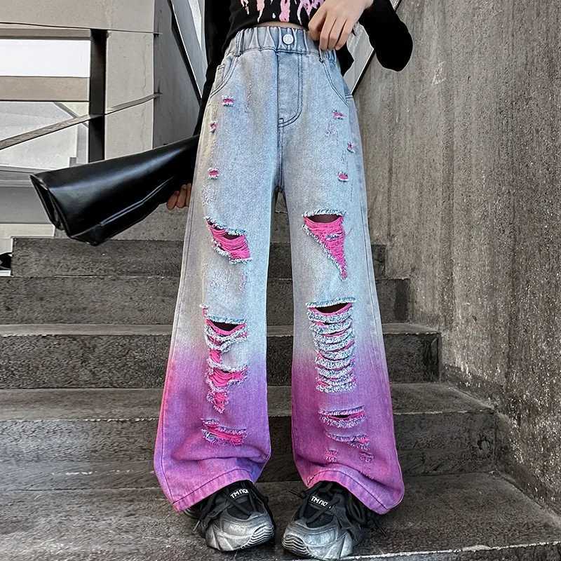 2024 Teen Girls Hole Wide Leg Pants Fashion Loose Street Gradient Color Jeans Childrens Clothing 4-14Y School Children TrouserT250326