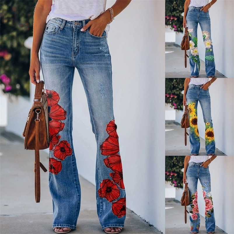 Y2K Ladies Retro Flared Pants Baggy Jeans Women Floral Printed Slim-Fit Denim Trousers Pantalones Streetwear 250319