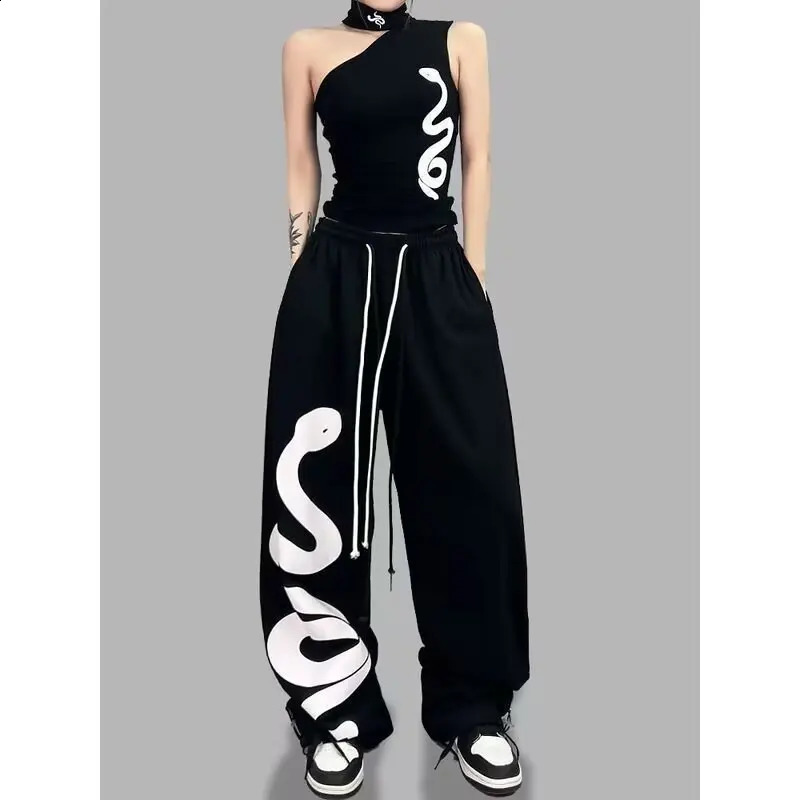 Y2K Street Dance Womens Black Hip Hop Loose Waist Large Print Graffiti Pants Street Jazz Dance Pants 250314