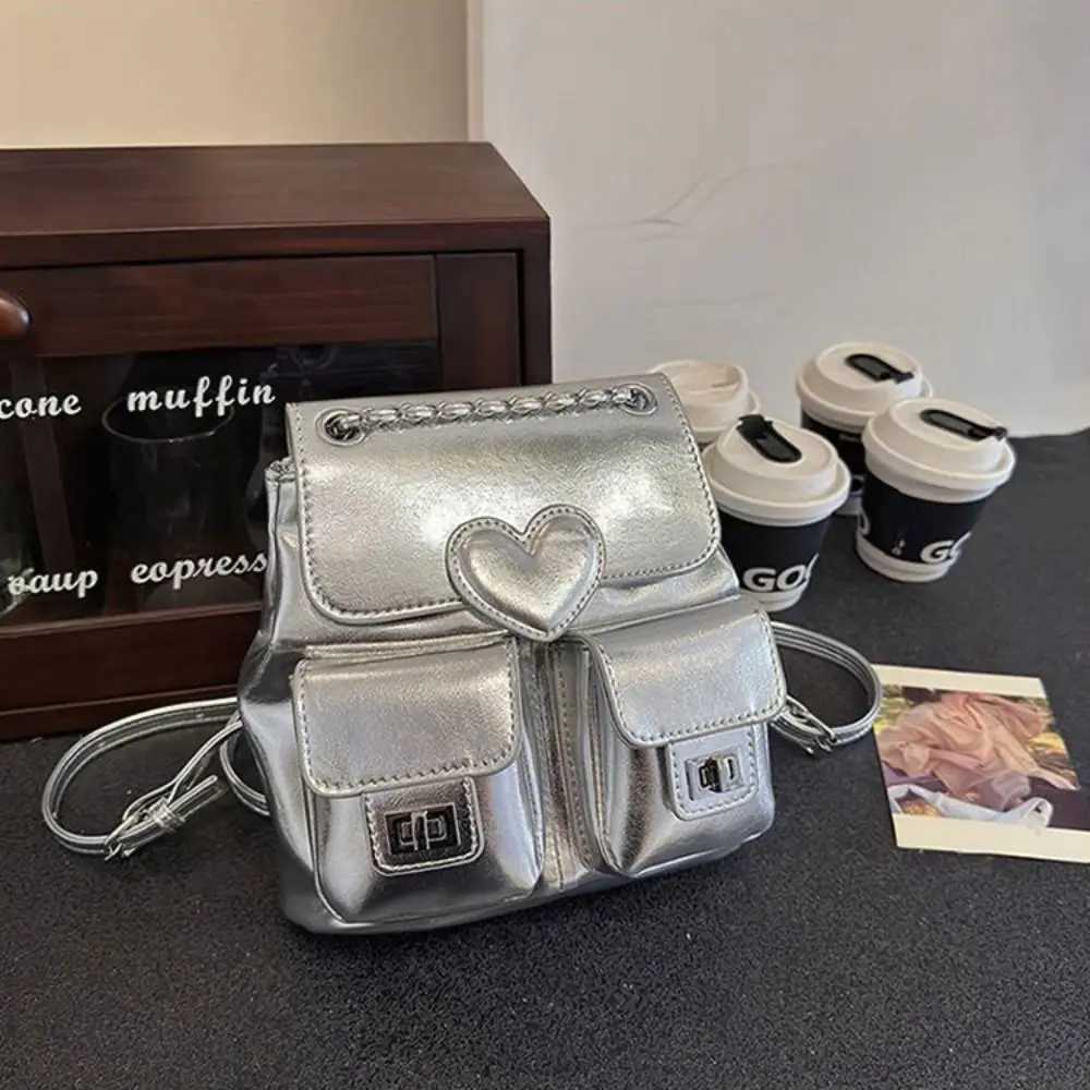 Cute Silver Backpack Chain Heart Bookbag Large Capacity Solid Color Daypack Y250319